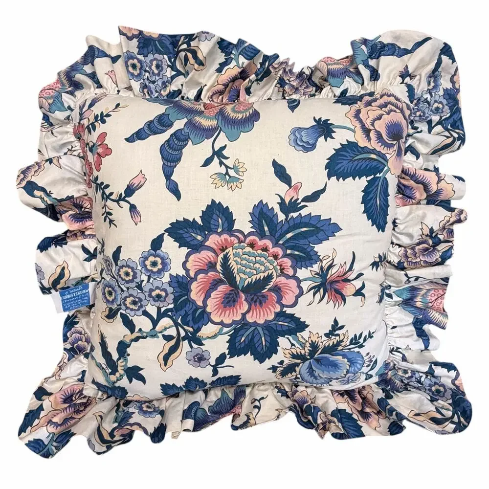 Waverly Floral Ruffle Pillow Jacobean Blue Chintz Grandmillennial Cottagecore